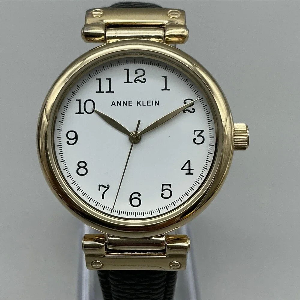 Anne Klein AK/2508 Womens Watch 36mm Gold Tone Black Leather Strap New Battery